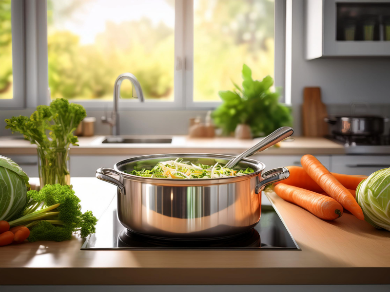 野菜たっぷりの食材（キャベツ、もやし、にんじん）が並ぶキッチンカウンター